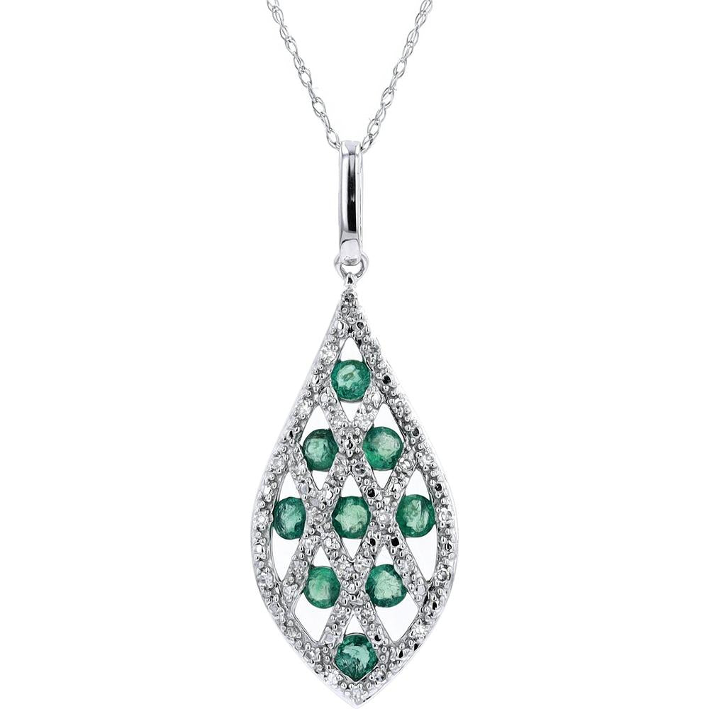 14K White Gold Teardrop Lattice Pendant with Round Emeralds and Diamond Accents - 0.12 Carats Total Diamond Weight