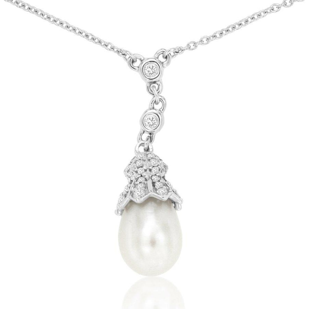 14K White Gold Teardrop Pearl Drop Necklace with Bezel-Set and Pavé-Set Round Diamonds - 0.28 Carat Total Diamond Weight - Royal Jewelry