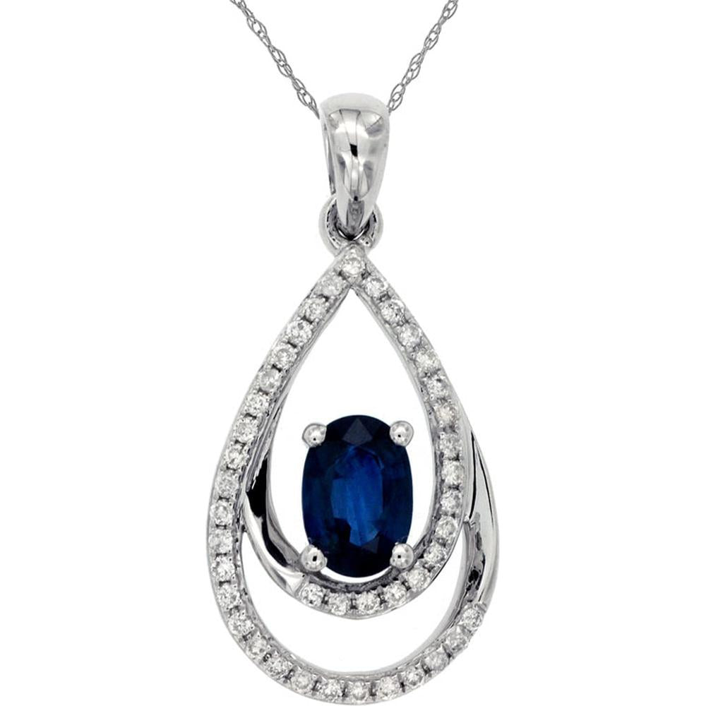 14K White Gold Teardrop Pendant Necklace with 0.60 Carat Oval Sapphire and Diamond Accents (0.17 Carat Total Diamond Weight) - Royal Jewelry