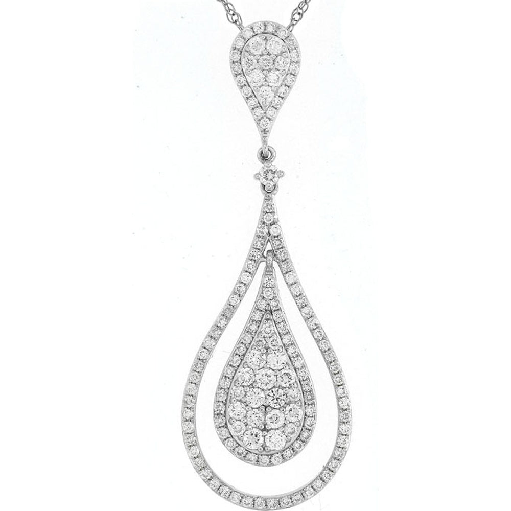 14K White Gold Teardrop Pendant Necklace with Micro-Prong and Pave Set Round Diamonds - 1.52 Carat Total Diamond Weight - Royal Jewelry