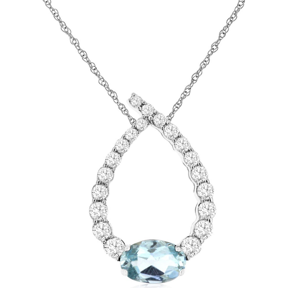14K White Gold Teardrop Pendant Necklace with Oval Aquamarine and Prong-Set Round Diamonds - 0.42 Carat Aquamarine and 0.33 Carat Total Diamond Weight - Royal Jewelry