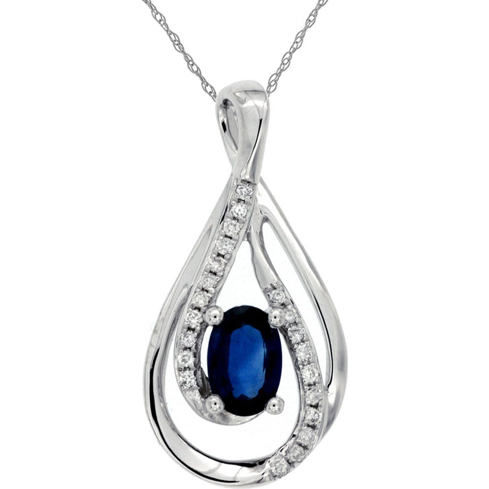 14K White Gold Teardrop Pendant Necklace with Oval Sapphire and Prong-Set Diamond Accents - 0.60 Carat Sapphire and 0.08 Carat Total Diamond Weight - Royal Jewelry