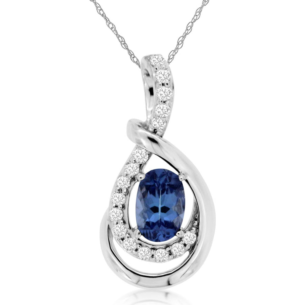 14K White Gold Teardrop Pendant Necklace with Oval Tanzanite and Diamond Accents - 0.50 Carat Tanzanite and 0.13 Carat Total Diamond Weight - Royal Jewelry