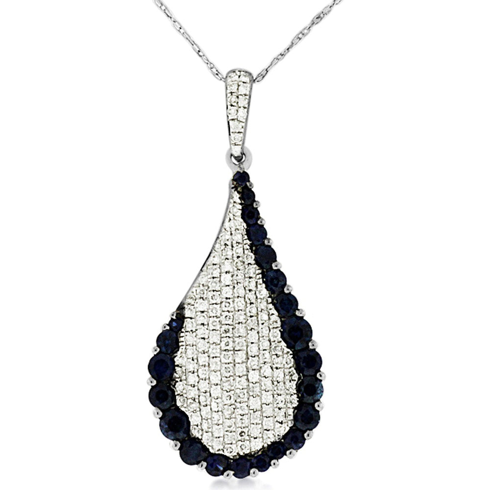 14K White Gold Teardrop Pendant Necklace with Pavé Set Round Diamonds and Round Blue Sapphire Border - 0.42 Carat Diamond Total Weight and 1.05 Carat Sapphire Total Weight - Royal Jewelry