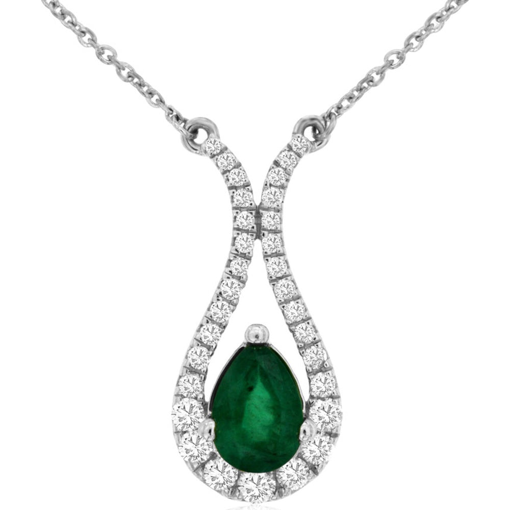 14K White Gold Teardrop Pendant Necklace with Pear-Shaped Emerald and Pavé-Set Round Diamonds - 0.68 Carat Emerald and 0.33 Carat Diamond Total Weight - Royal Jewelry