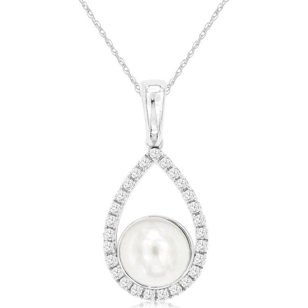14K White Gold Teardrop Pendant Necklace with Round Diamond Halo and Cultured Pearl - 0.12 Carat Total Diamond Weight - Royal Jewelry