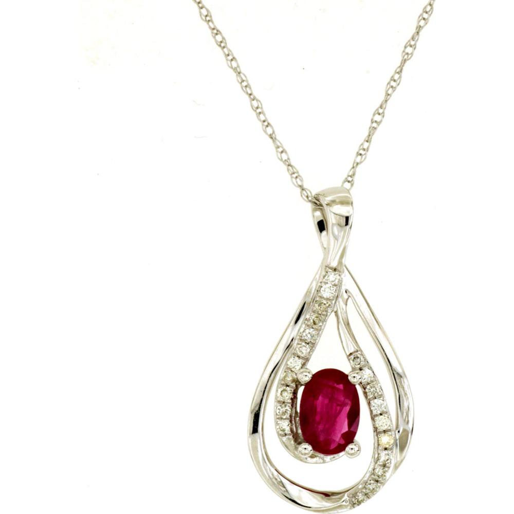 14K White Gold Teardrop Pendant with 0.60 Carat Oval Ruby and 0.08 Carat Round Diamond Accents - Royal Jewelry