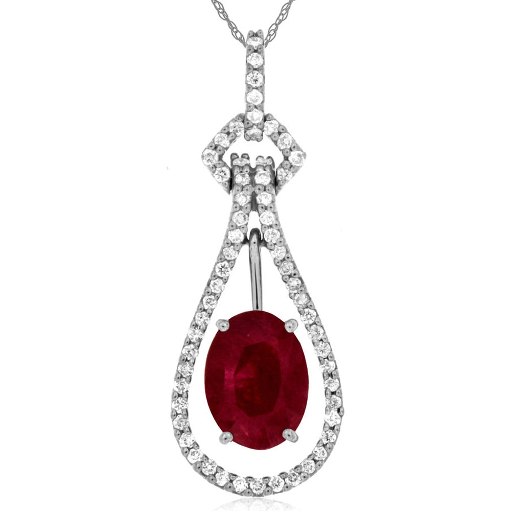14K White Gold Teardrop Pendant with 1.20 Carat Oval Ruby and Pavé Set Round Diamonds - 0.22 Carat Total Diamond Weight - Royal Jewelry