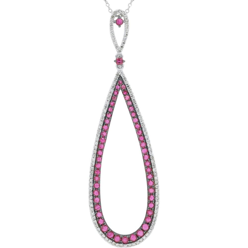 14K White Gold Teardrop Pendant with 1.33 Carat Total Round Rubies and 0.33 Carat Total Diamond Accents