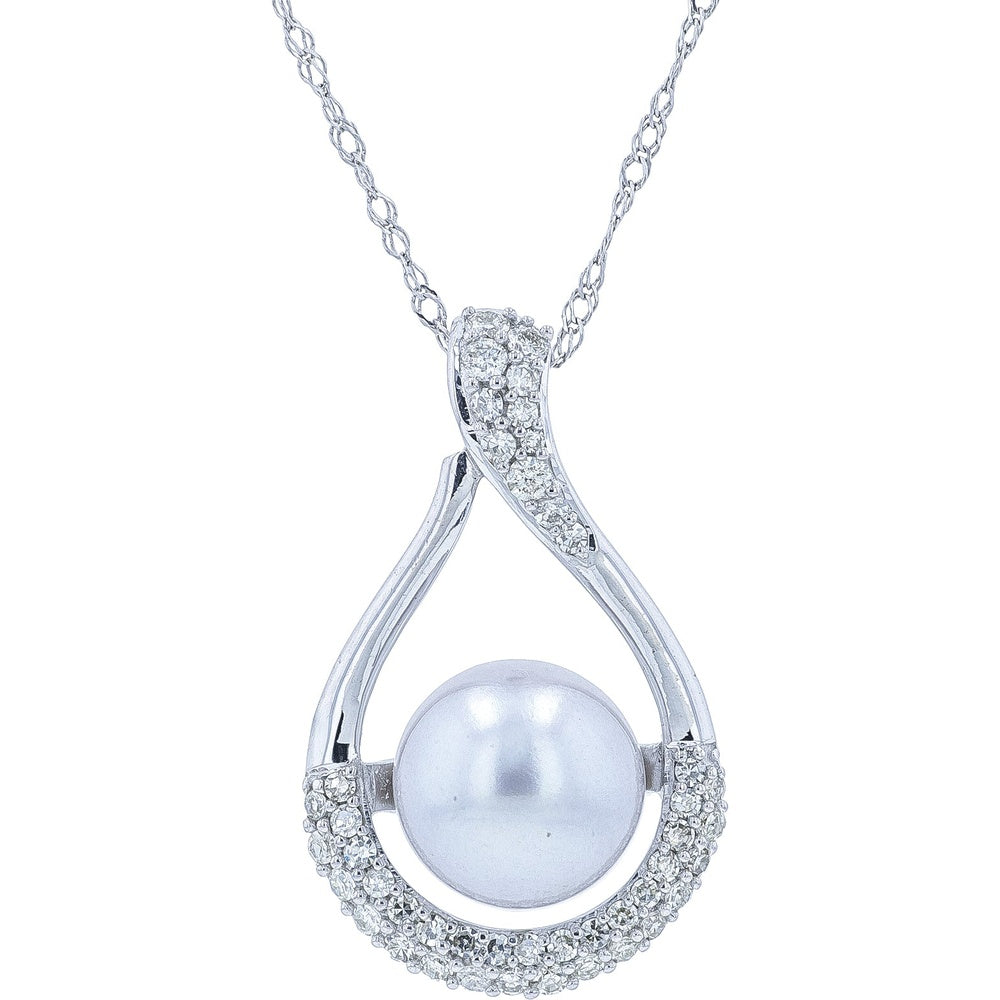 14K White Gold Teardrop Pendant with 7.8mm Pearl and Pavé-Set Round Diamonds - 0.25 Carat Total Diamond Weight