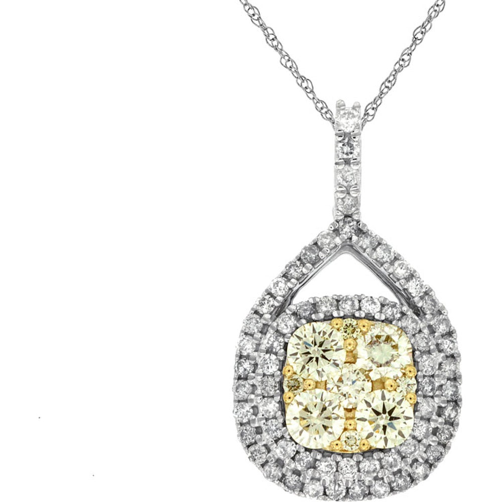14K White Gold Teardrop Pendant with Double Halo Set Yellow Diamond Cluster and White Diamond Accents - 0.53 Carat Yellow Diamond and 0.42 Carat White Diamond Total Weight - Royal Jewelry