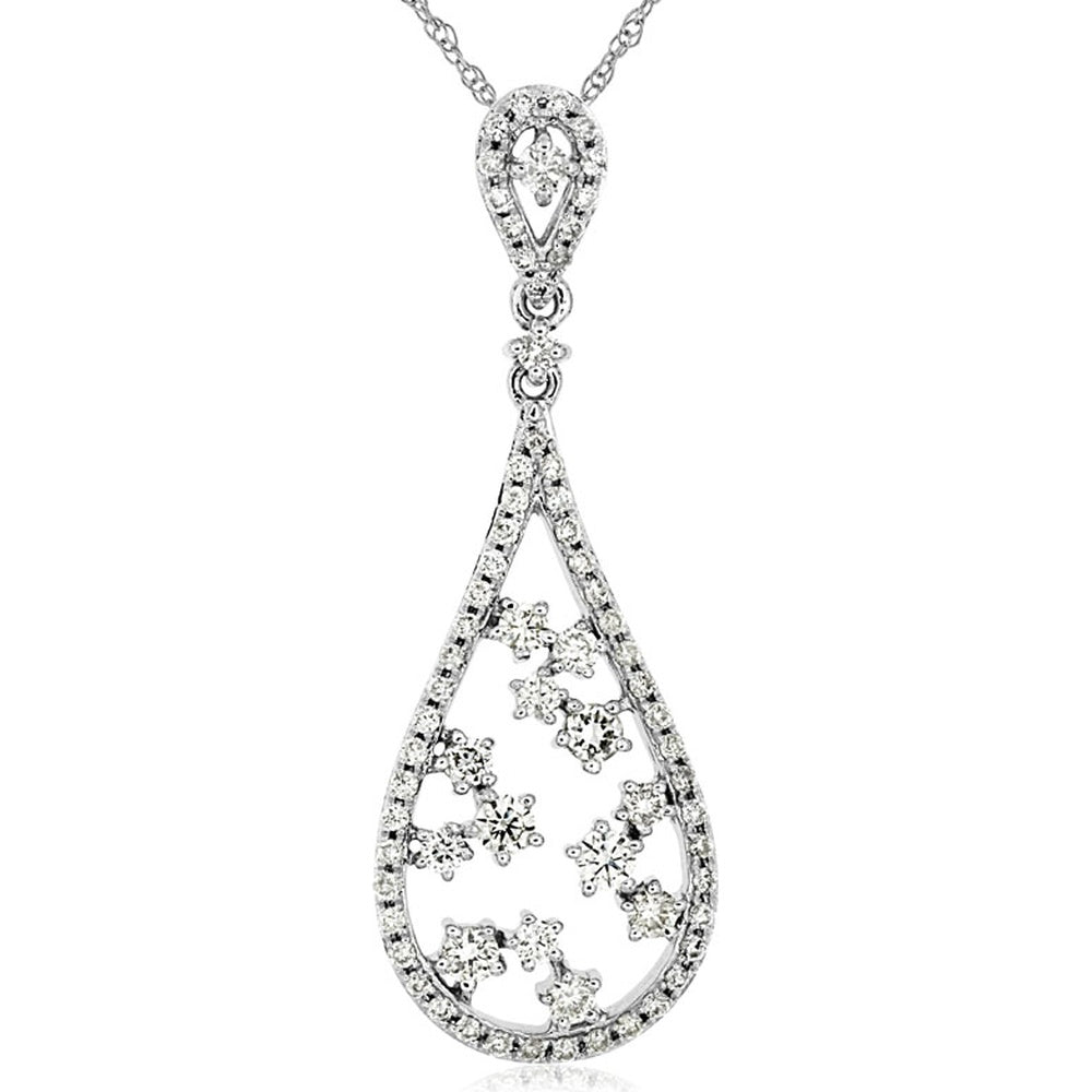14K White Gold Teardrop Pendant with Floral Diamond Clusters and Milgrain Detail - 0.55 Carat Total Diamond Weight - Royal Jewelry
