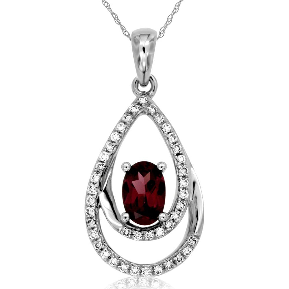 14K White Gold Teardrop Pendant with Halo-Set Oval Rhodolite and Pave Diamonds - 0.60 Carat Rhodolite and 0.17 Carat Total Diamond Weight - Royal Jewelry