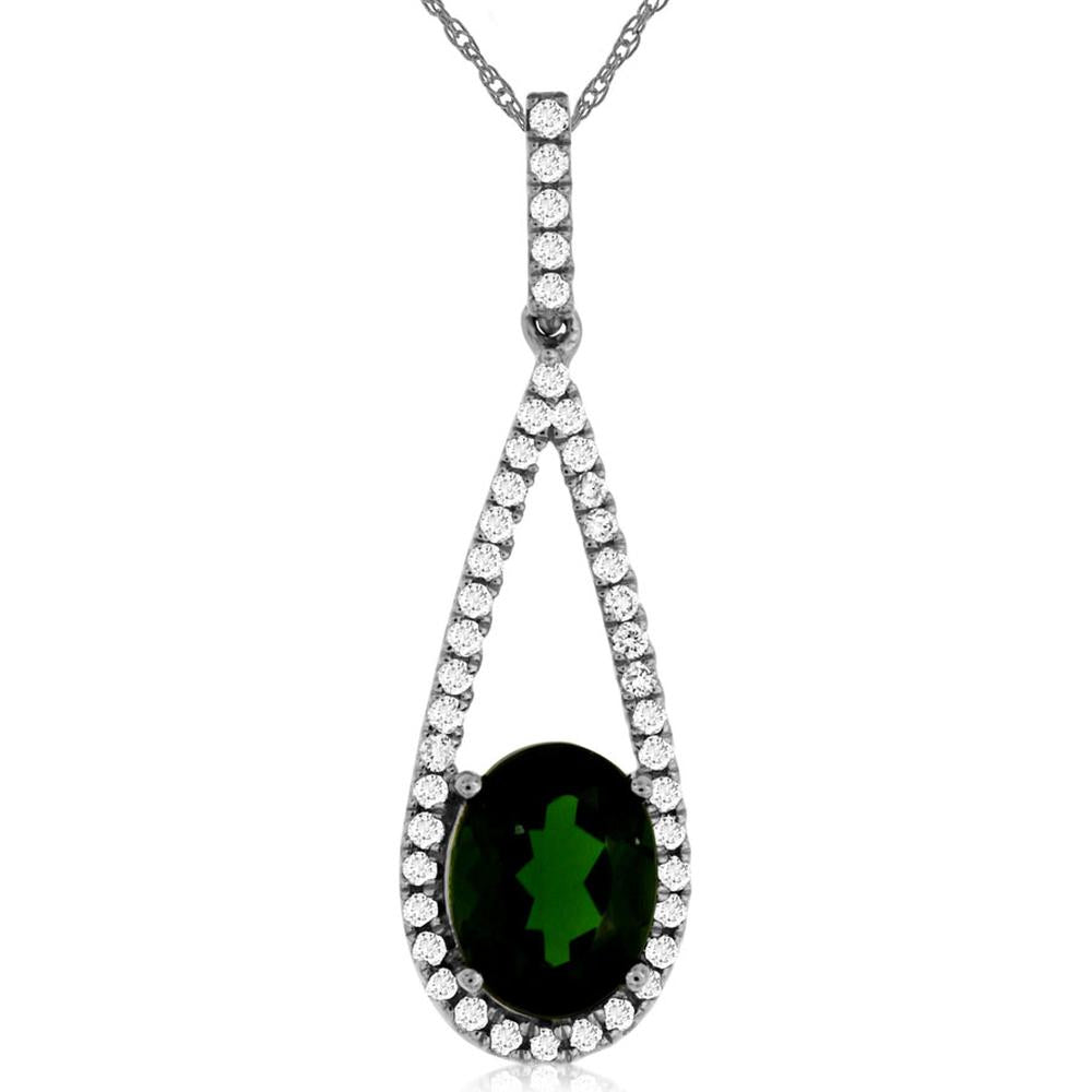 14K White Gold Teardrop Pendant with Oval Russalite and Pavé Diamond Halo - 1.53 Carat Total Gem Weight - Royal Jewelry
