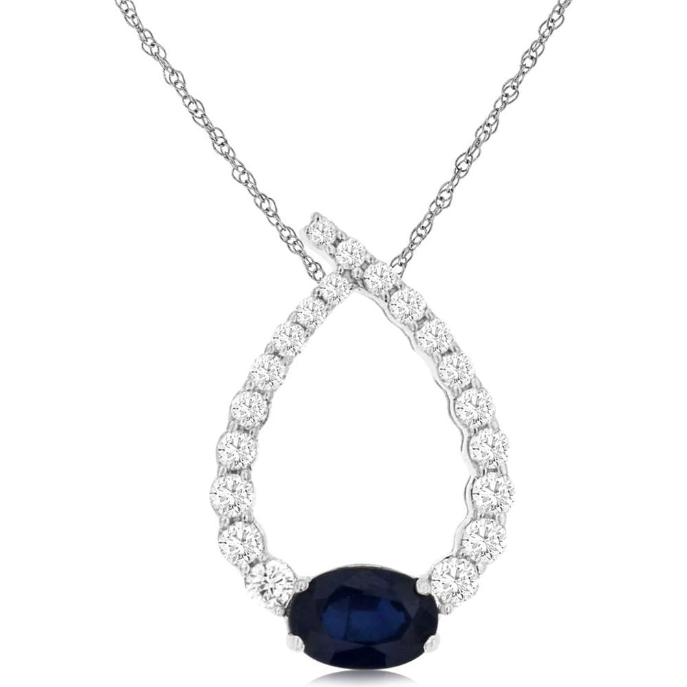 14K White Gold Teardrop Pendant with Oval Sapphire and Round Diamond Accents - 0.65 Carat Sapphire and 0.33 Carat Diamond Total Weight - Royal Jewelry