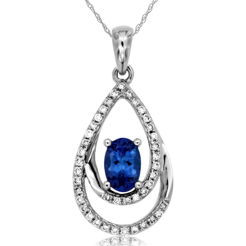 14K White Gold Teardrop Pendant with Oval Tanzanite and Round Diamond Halo - 0.50 Carat Tanzanite and 0.17 Carat Total Diamond Weight - Royal Jewelry