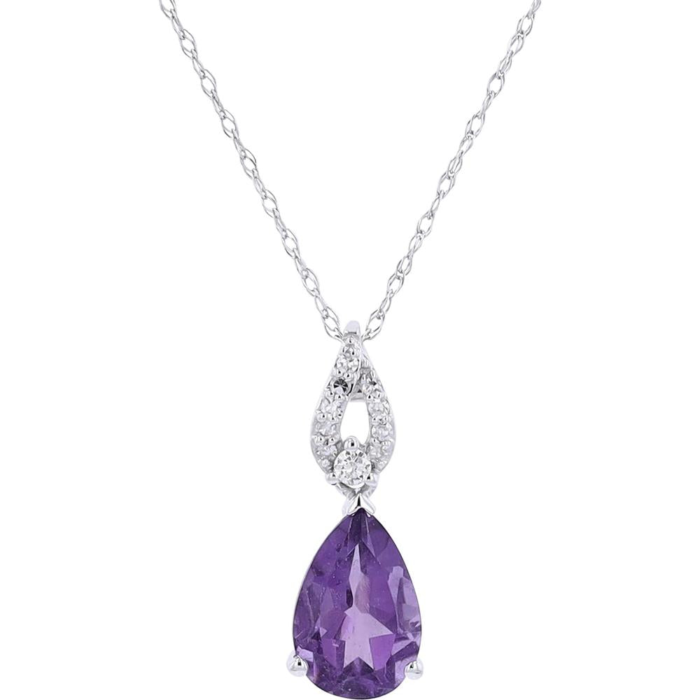 14K White Gold Teardrop Pendant with Pear-Shaped Amethyst and Round Diamond Accents - 1.34 Carats Amethyst, 0.06 Carats Diamond