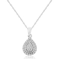 14K White Gold Teardrop Pendant with Round Diamonds - 0.11 Carats Total Diamond Weight