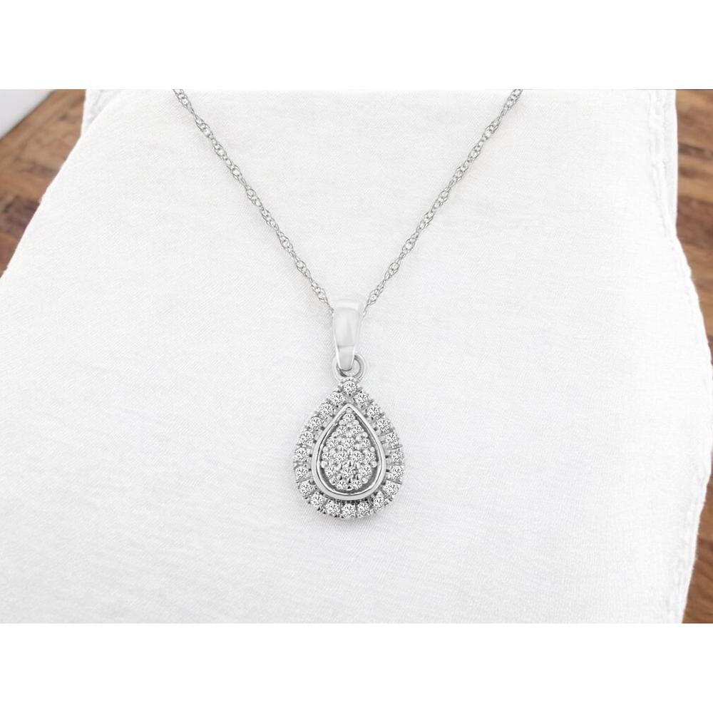 14K White Gold Teardrop Pendant with Round Diamonds - 0.11 Carats Total Diamond Weight