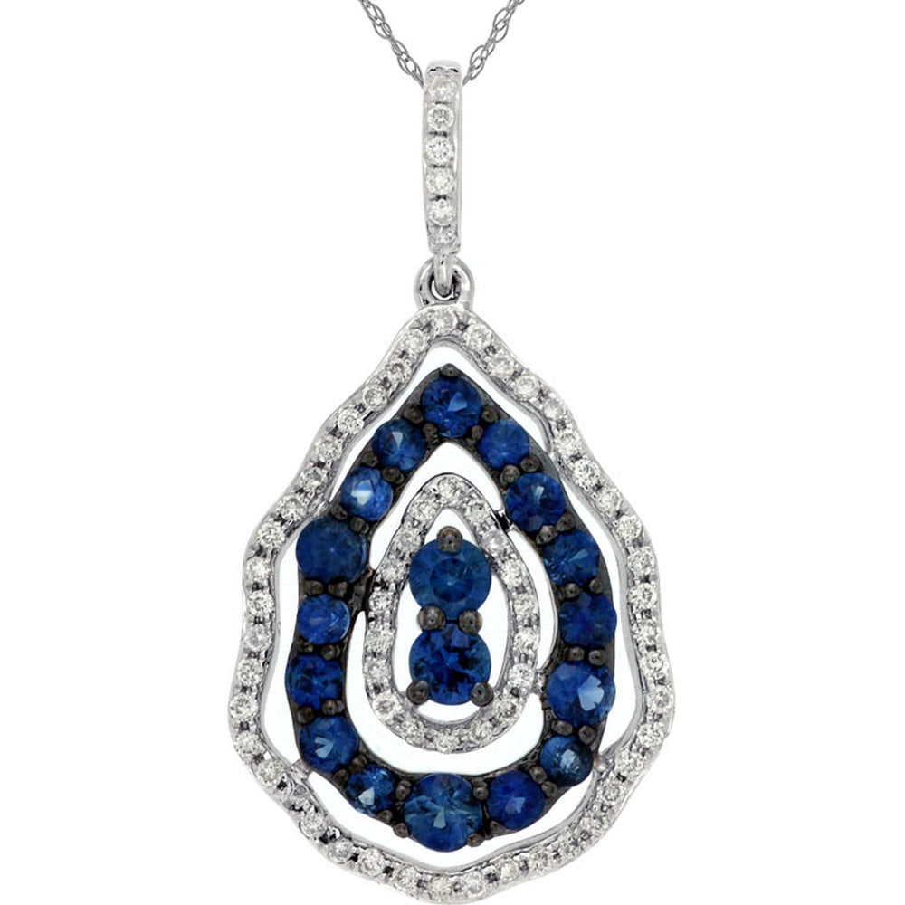 14K White Gold Teardrop Pendant with Round Sapphires and Diamond Halo – 0.72 Carat Sapphire and 0.20 Carat Diamond Total Weight - Royal Jewelry