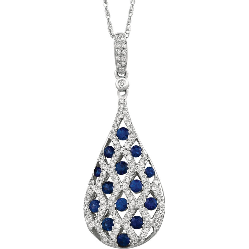 14K White Gold Teardrop Pendant with Round Sapphires and Diamond Halo - 0.90 Carat Total Sapphire Weight and 0.33 Carat Total Diamond Weight - Royal Jewelry