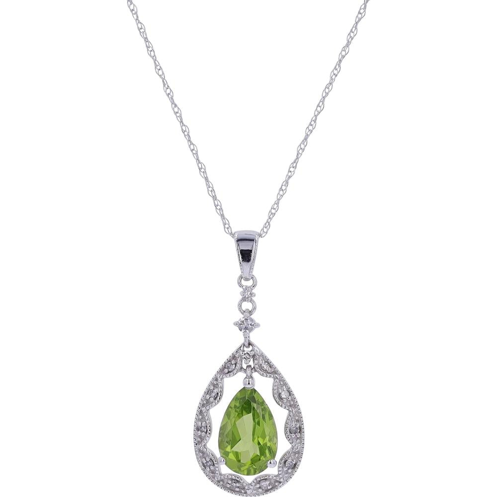 14K White Gold Teardrop Peridot Pendant with Milgrain Diamond Accents - 0.08 Carats Total Diamond Weight