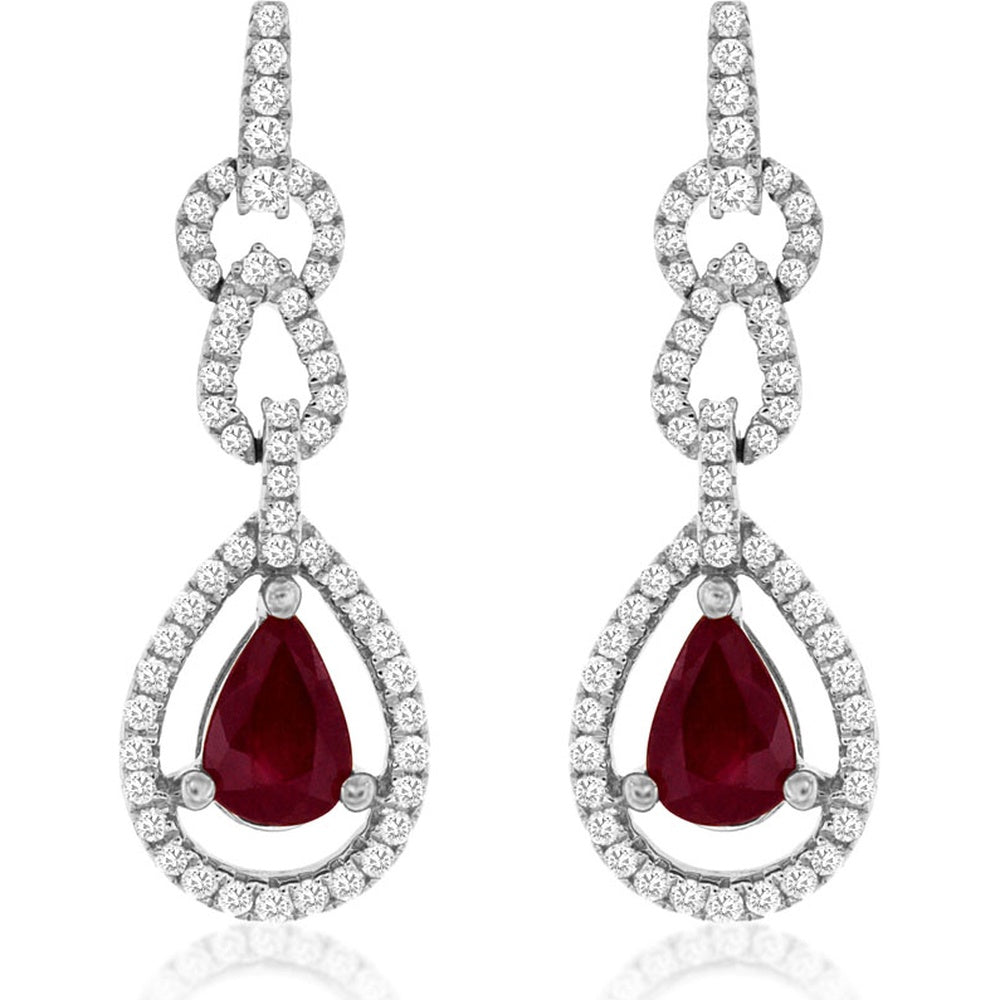 14K White Gold Teardrop Ruby and Diamond Halo Drop Earrings - 0.90 Carat Total Ruby Weight and 0.40 Carat Total Diamond Weight - Royal Jewelry