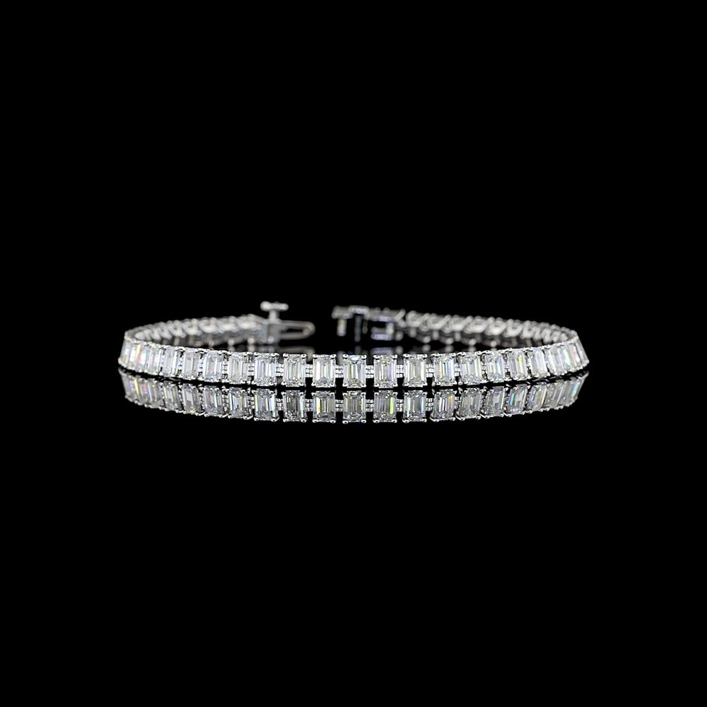 14K White Gold Tennis Bracelet with 49 North-South Prong Set Emerald Cut Lab Diamonds - 8.57 Carat Total Weight - Covaloro Fine Jewelry