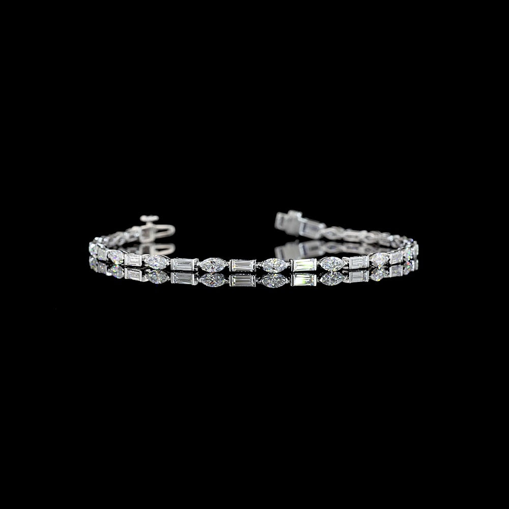 14K White Gold Tennis Bracelet with Alternating Baguette and Marquise Cut Lab Diamonds - 3.19 Carats Total Diamond Weight - Covaloro Fine Jewelry