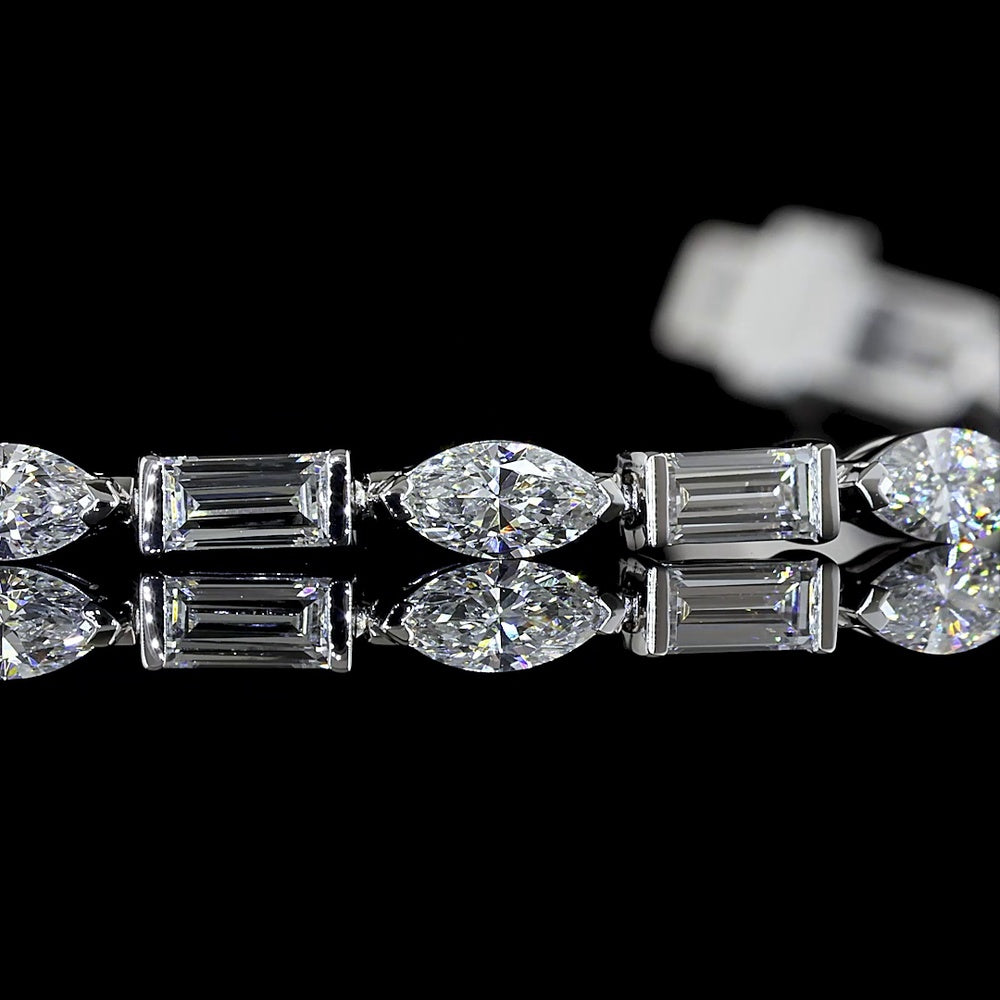 14K White Gold Tennis Bracelet with Alternating Baguette and Marquise Cut Lab Diamonds - 3.19 Carats Total Diamond Weight - Covaloro Fine Jewelry