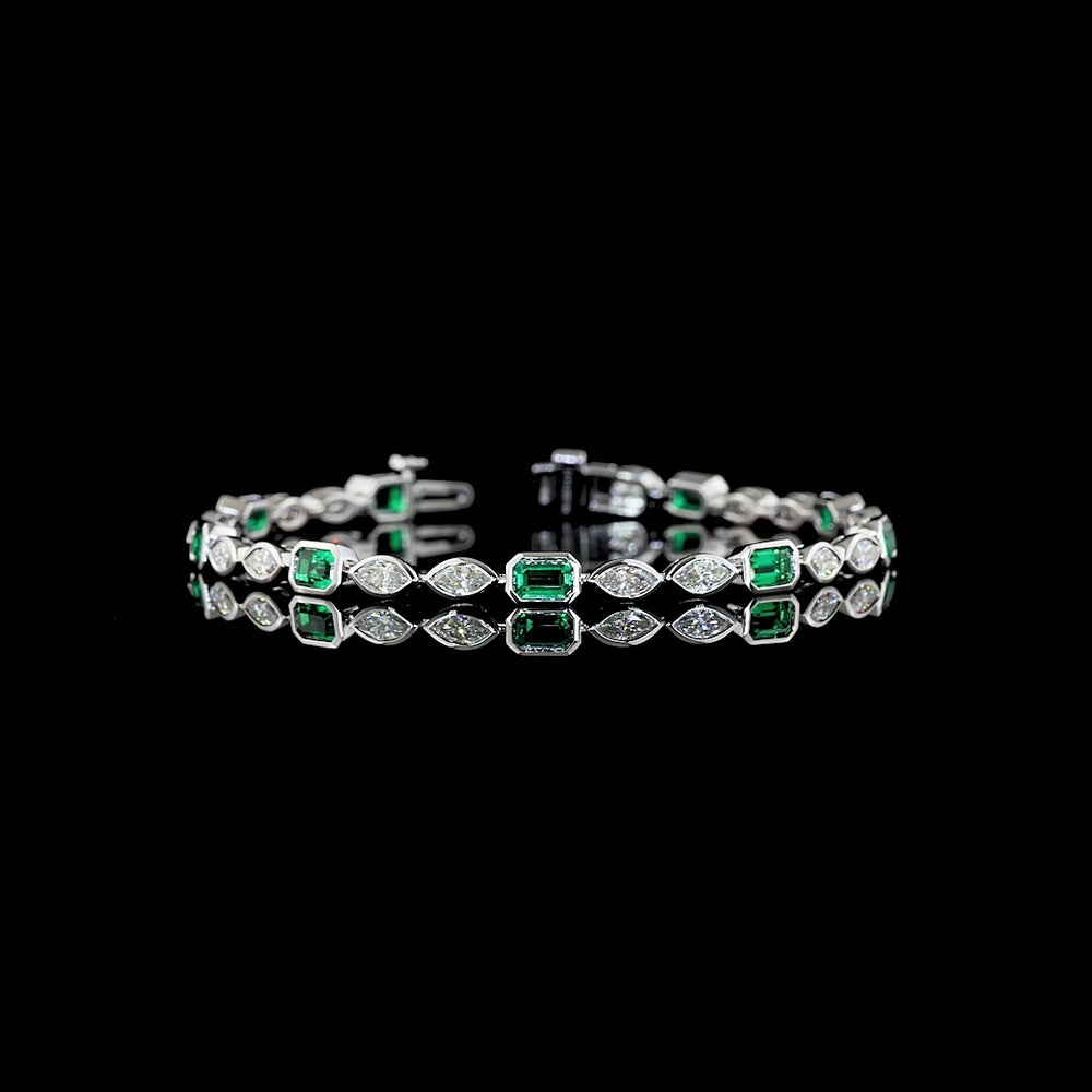 14K White Gold Tennis Bracelet with Alternating Bezel-Set Emerald Cut Lab Emeralds and Marquise Diamonds - 2.52 Carat Total Gem Weight - Covaloro Fine Jewelry
