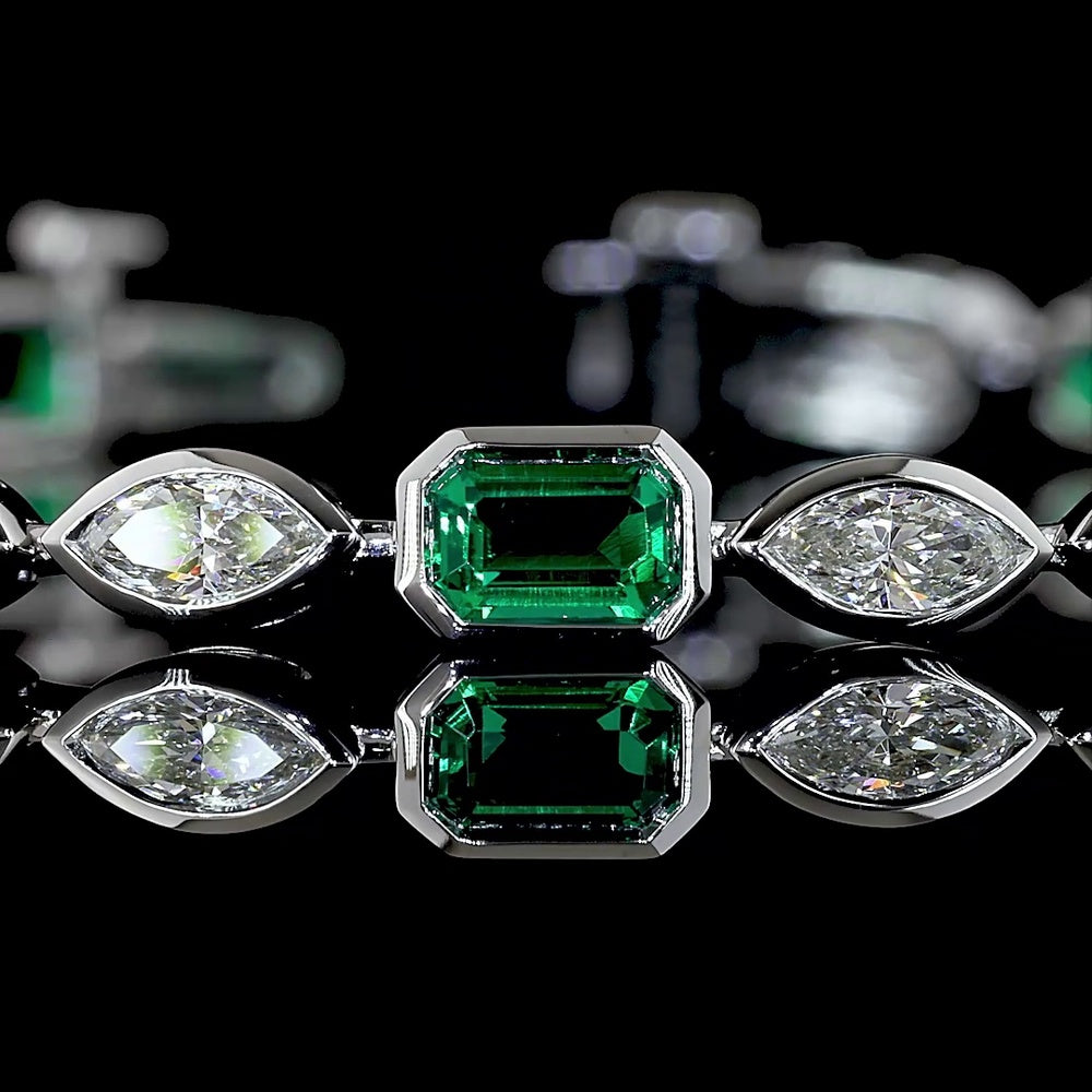 14K White Gold Tennis Bracelet with Alternating Bezel-Set Emerald Cut Lab Emeralds and Marquise Diamonds - 2.52 Carat Total Gem Weight - Covaloro Fine Jewelry