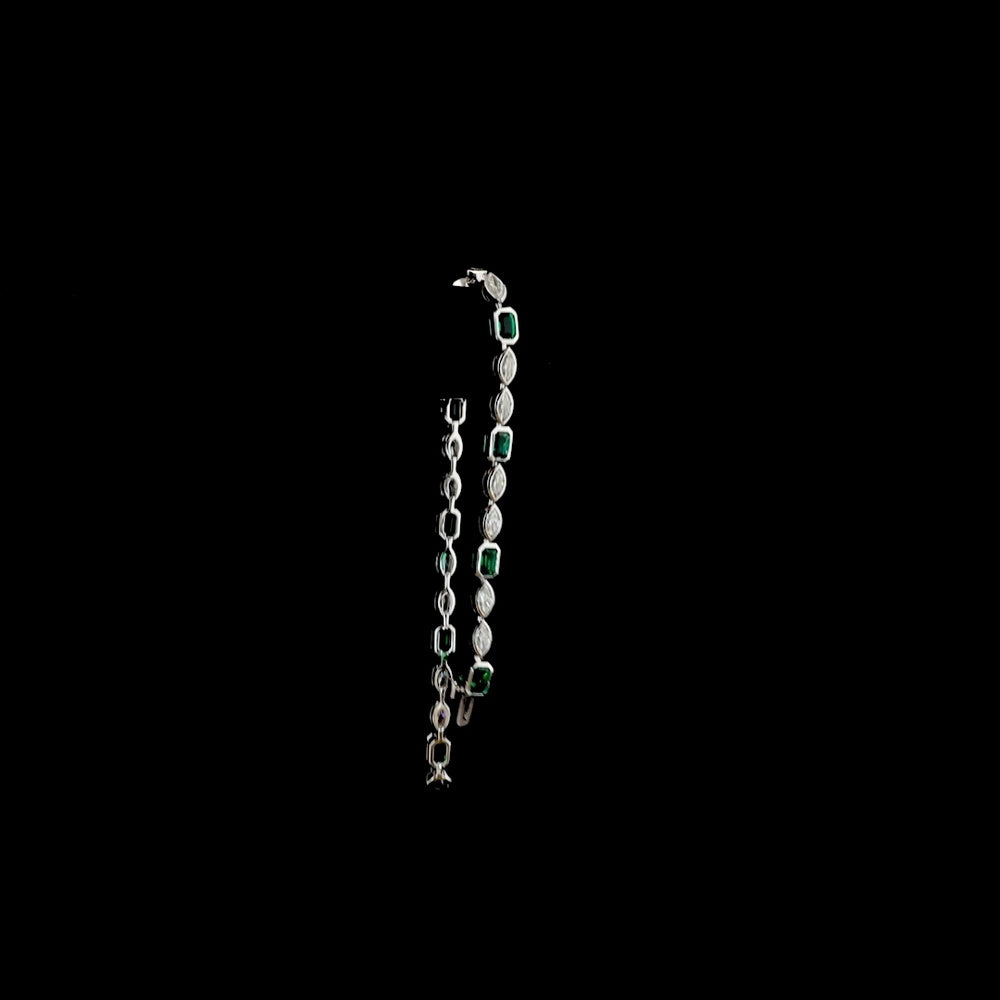 14K White Gold Tennis Bracelet with Alternating Bezel-Set Emerald Cut Lab Emeralds and Marquise Diamonds - 2.52 Carat Total Gem Weight - Covaloro Fine Jewelry