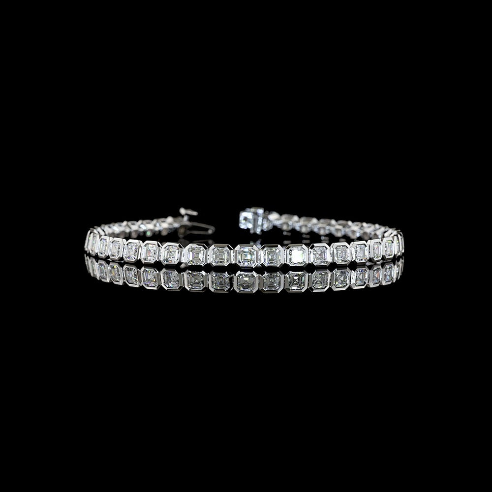14K White Gold Tennis Bracelet with Bezel Set Asscher Cut Lab Diamonds - 6.03 Carat Total Weight, E-F Color, VS Clarity - Covaloro Fine Jewelry