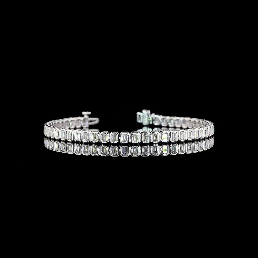 14K White Gold Tennis Bracelet with Bezel Set Emerald Cut Lab Diamonds - 4.78 Carat Total Weight, 50 Stones - Covaloro Fine Jewelry