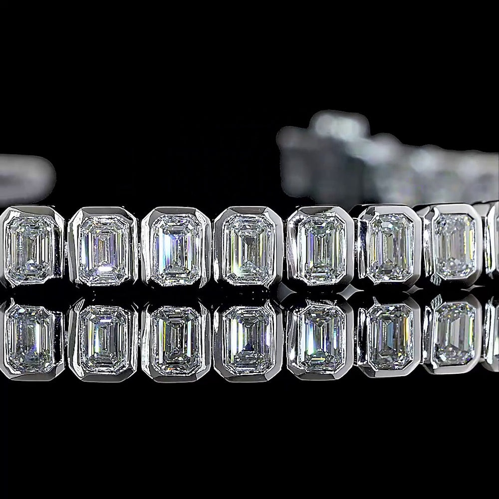 14K White Gold Tennis Bracelet with Bezel Set Emerald Cut Lab Diamonds - 4.78 Carat Total Weight, 50 Stones - Covaloro Fine Jewelry
