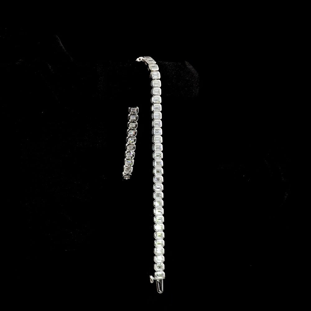 14K White Gold Tennis Bracelet with Bezel Set Emerald Cut Lab Diamonds - 4.78 Carat Total Weight, 50 Stones - Covaloro Fine Jewelry