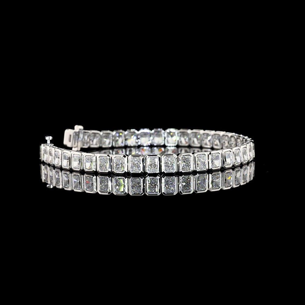 14K White Gold Tennis Bracelet with Bezel Set Radiant Cut Lab Diamonds - 11.18 Carat Total Weight, E-F VVS2 Clarity, 38 Stones - Covaloro Fine Jewelry
