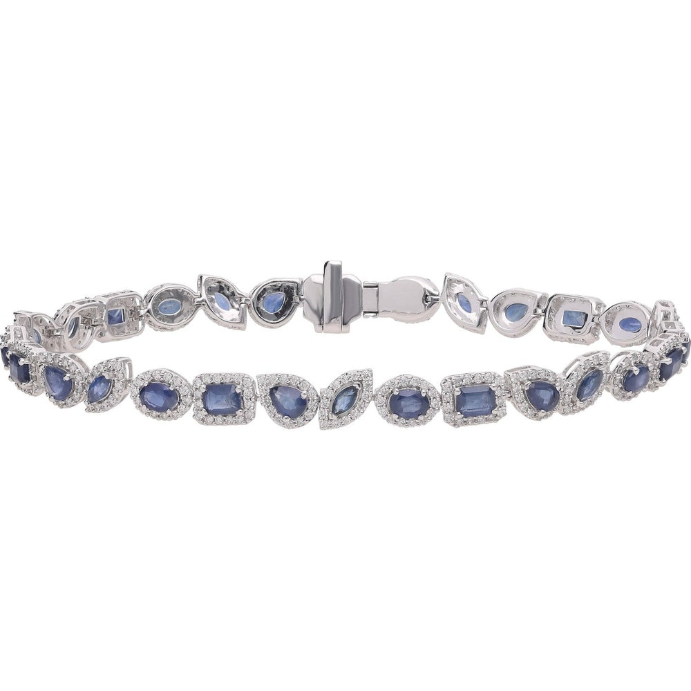 14K White Gold Tennis Bracelet with Mixed Shape Blue Sapphires and Diamond Halos - 4.95 Carat Sapphire and 1.66 Carat Diamond Total Weight by Auriventus