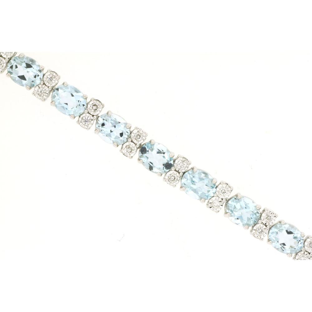 14K White Gold Tennis Bracelet with Oval Cut Aquamarines and Round Diamond Accents - 7.75 Carat Aquamarine Total Weight & 0.38 Carat Diamond Total Weight - Royal Jewelry