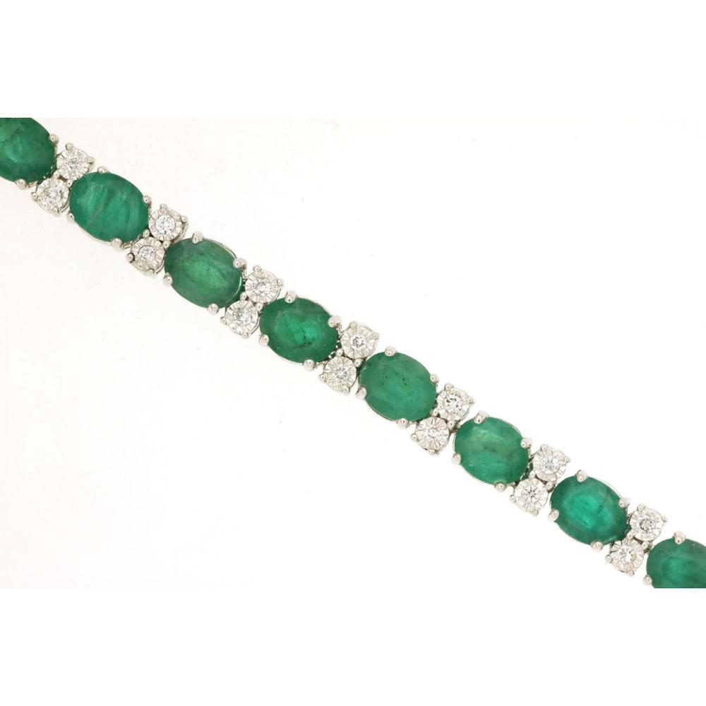 14K White Gold Tennis Bracelet with Oval Cut Emeralds and Round Diamond Accents - 8.75 Carat Emerald Total Weight, 0.38 Carat Diamond Total Weight - Royal Jewelry