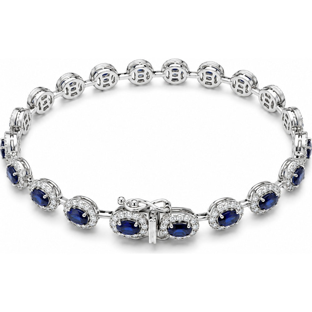 14K White Gold Tennis Bracelet with Oval Sapphires and Diamond Halos - 5.08 Carat Sapphire and 1.86 Carat Diamond Total Weight by Auriventus