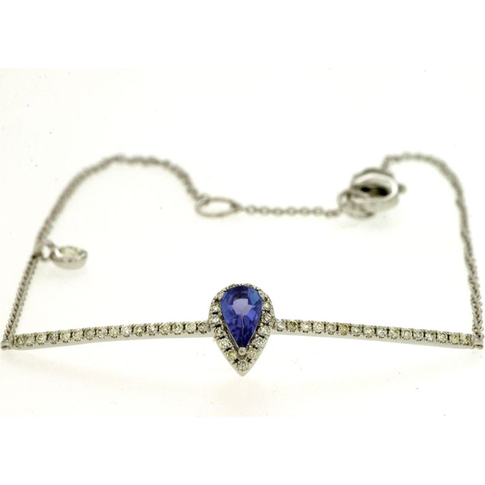 14K White Gold Tennis Bracelet with Pear Shaped Tanzanite Halo Center and Round Diamonds - 0.21 Carat Tanzanite & 0.15 Carat Total Diamond Weight - Royal Jewelry