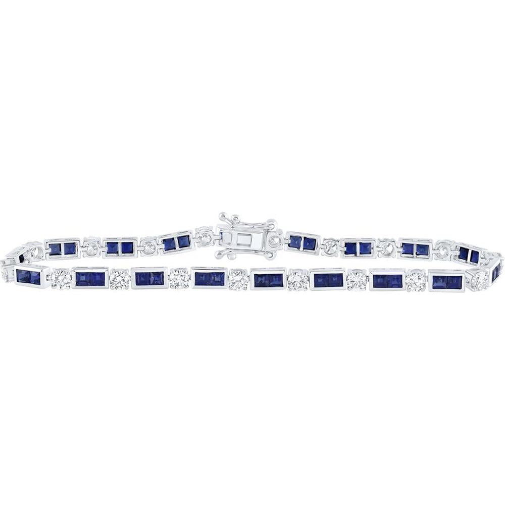 14K White Gold Tennis Bracelet with Princess Cut Blue Sapphires and Round Diamonds - 7.26 Carat Total Gemstone Weight
