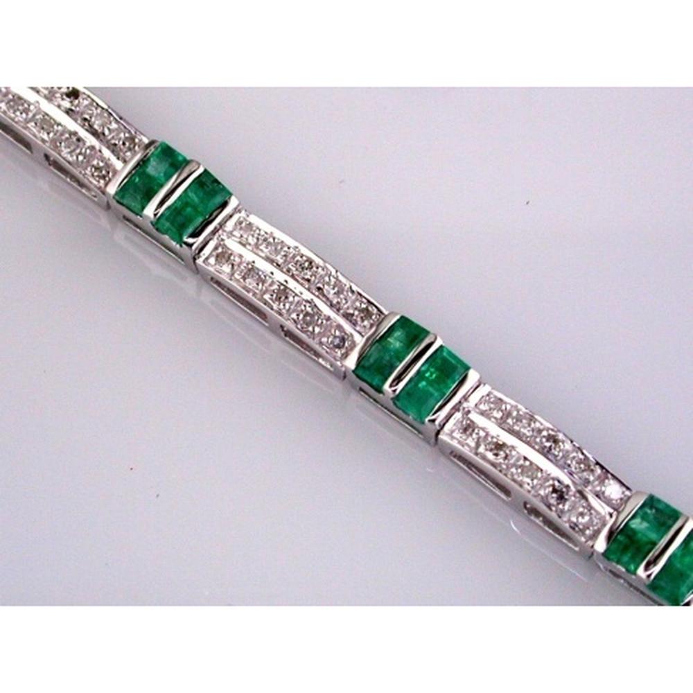 14K White Gold Tennis Bracelet with Princess Cut Emeralds and Round Diamonds - 3.00 Carat Emerald Total Weight, 0.54 Carat Diamond Total Weight - Royal Jewelry