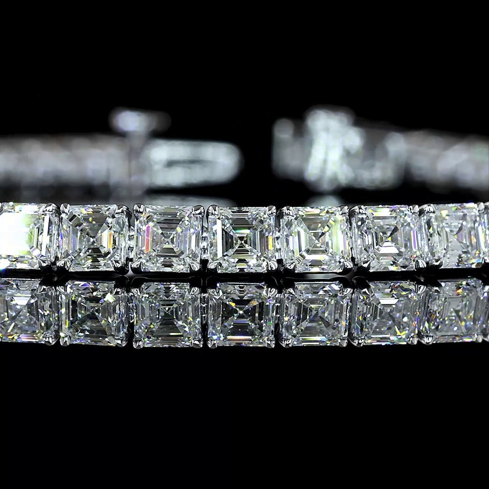 14K White Gold Tennis Bracelet with Prong Set Asscher Cut Lab Diamonds - 10.49 Carat Total Weight, 50 Stones E-F VS1 - Covaloro Fine Jewelry