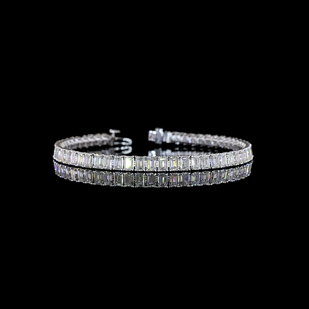 14K White Gold Tennis Bracelet with Prong-Set Emerald Cut Lab Diamonds - 7.41 Carat Total Weight, E-F Color, VS1 Clarity - Covaloro Fine Jewelry