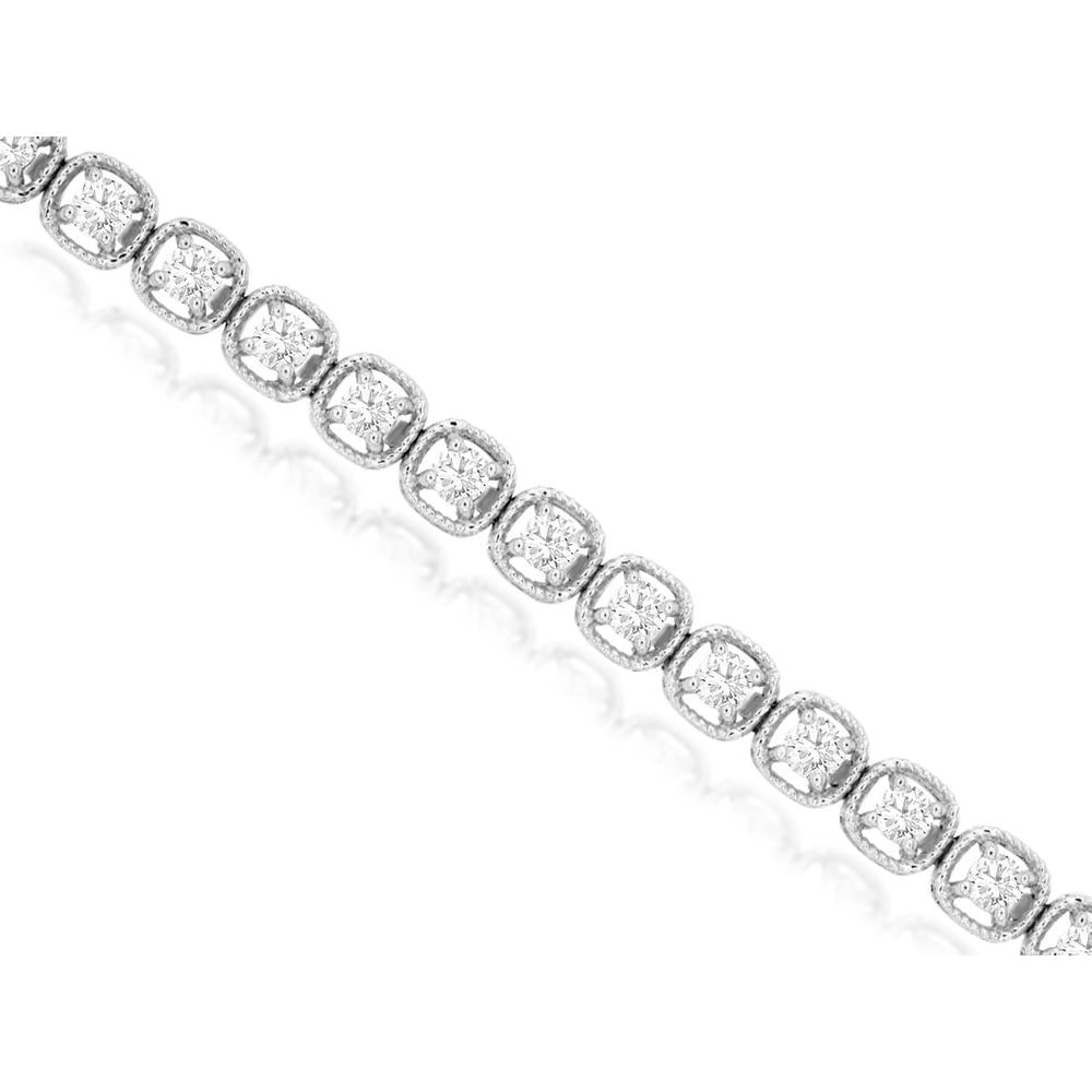 14K White Gold Tennis Bracelet with Round Diamonds and Milgrain Cushion Frames - 1.50 Carat Total Diamond Weight - Royal Jewelry