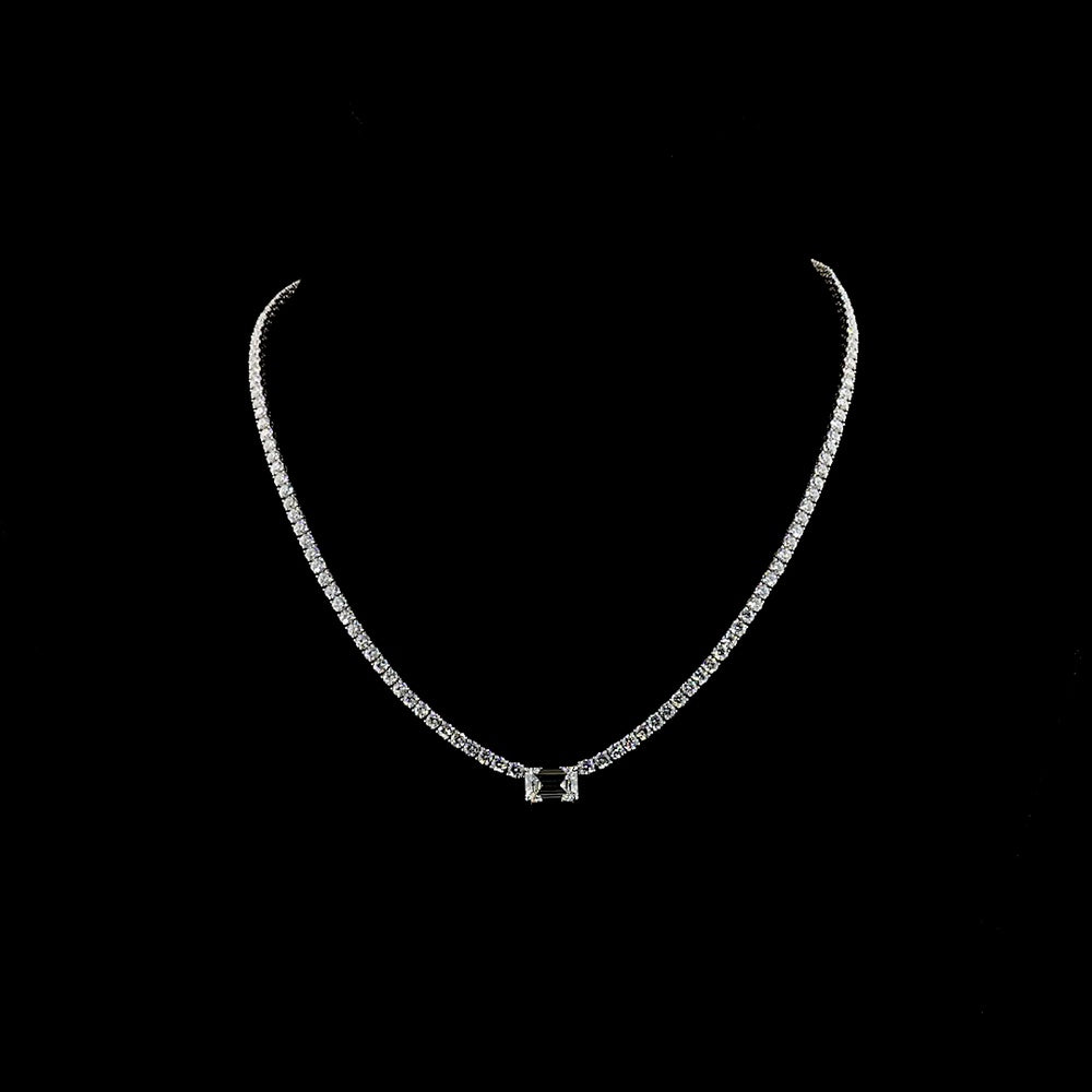 14K White Gold Tennis Necklace with 2.07 Carats Emerald Cut East-West Center and 138 Brilliant Cut Lab Diamonds - 11.70 Carats Total Diamond Weight - Covaloro Fine Jewelry