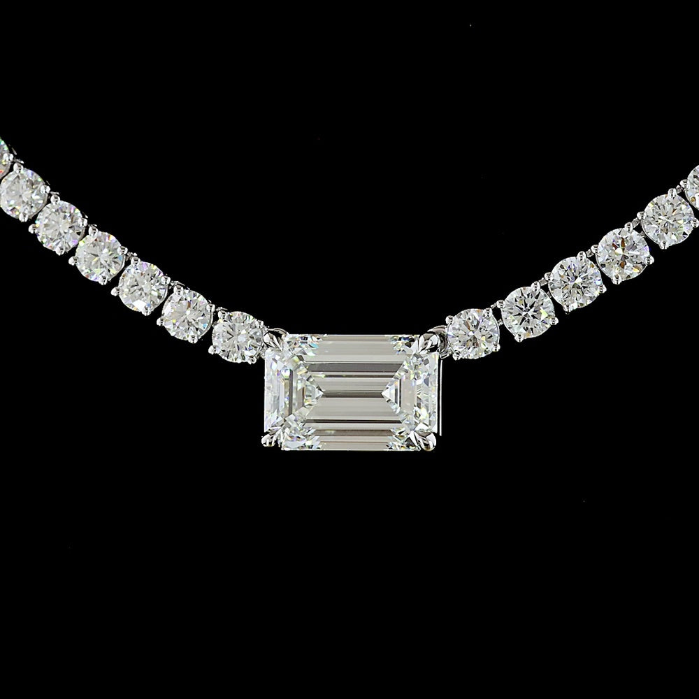 14K White Gold Tennis Necklace with 2.07 Carats Emerald Cut East-West Center and 138 Brilliant Cut Lab Diamonds - 11.70 Carats Total Diamond Weight - Covaloro Fine Jewelry
